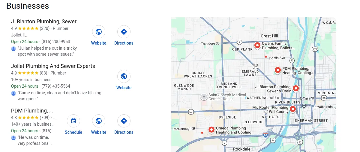 Google map results for plumber joliet il searched from Joliet, Illinois
