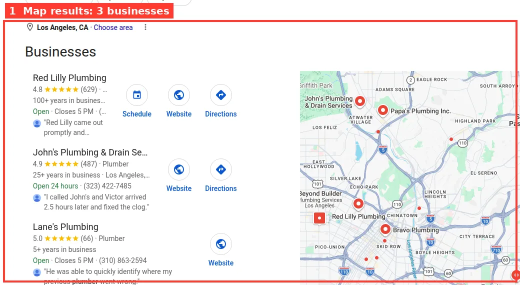 Google map results for plumber Los Angeles CA showing three local plumbing businesses