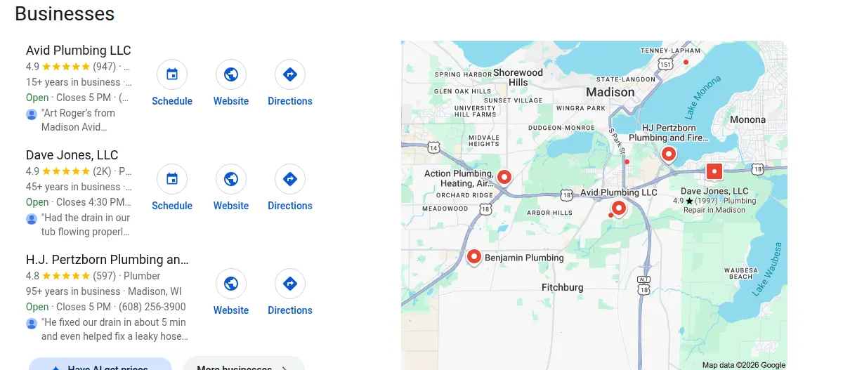 Google map results for plumber madison searched from Madison, Wisconsin