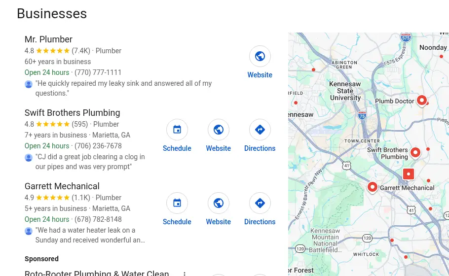 Google local pack results for plumber Marietta GA showing three plumbers with reviews, hours and a map