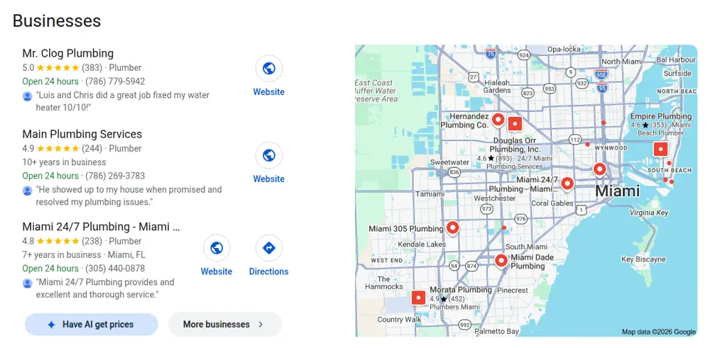 Google map results for plumber miami searched from Miami, Florida