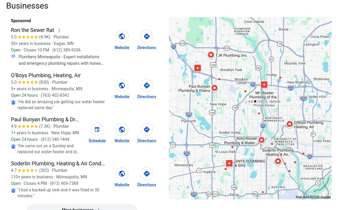 Google map results for plumber minneapolis searched from Minneapolis, Minnesota