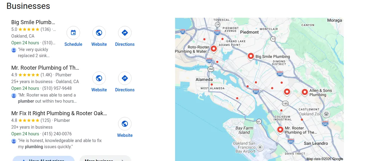 Google map results for plumber oakland searched from Oakland, California