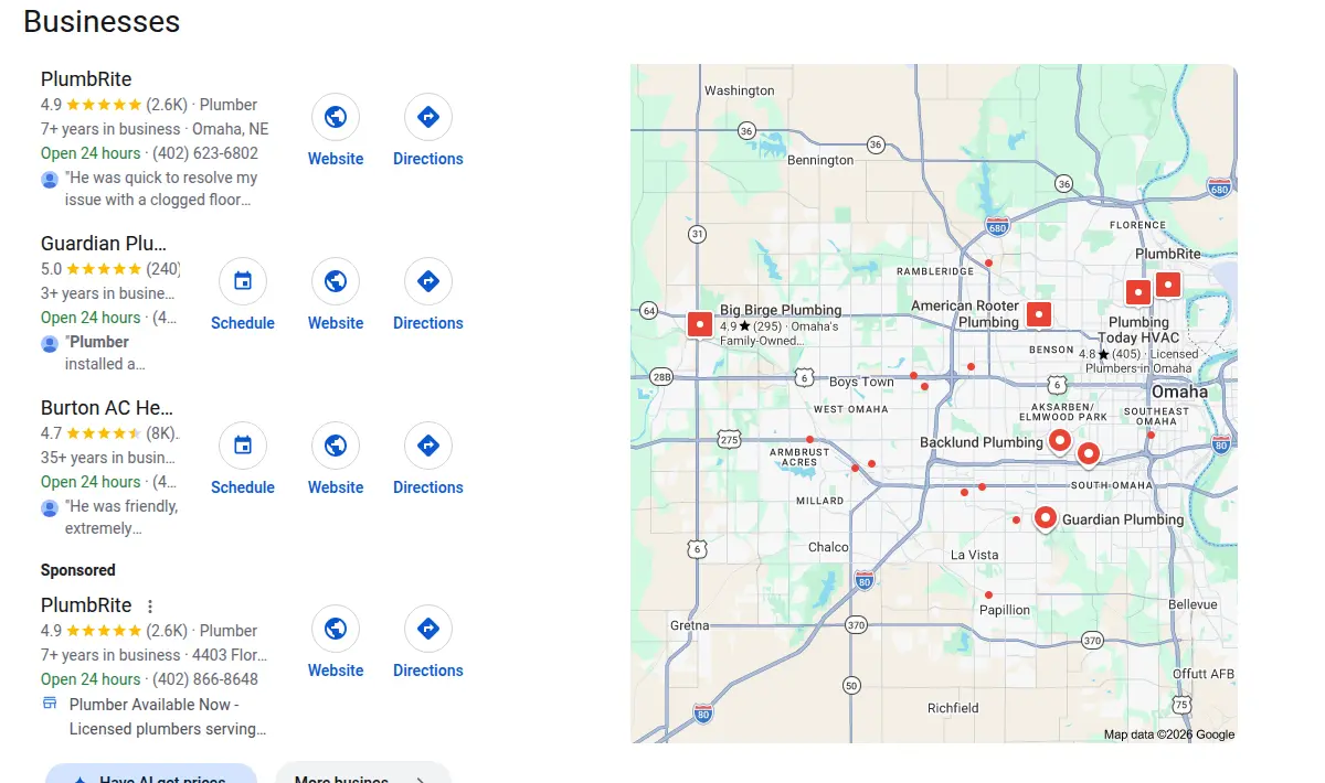 Google map results for plumber omaha searched from Omaha, Nebraska