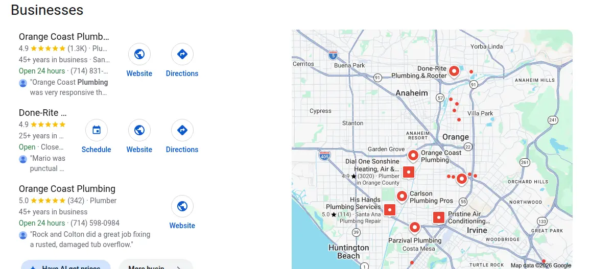 Google map results for plumber orange county searched from Orange County, California