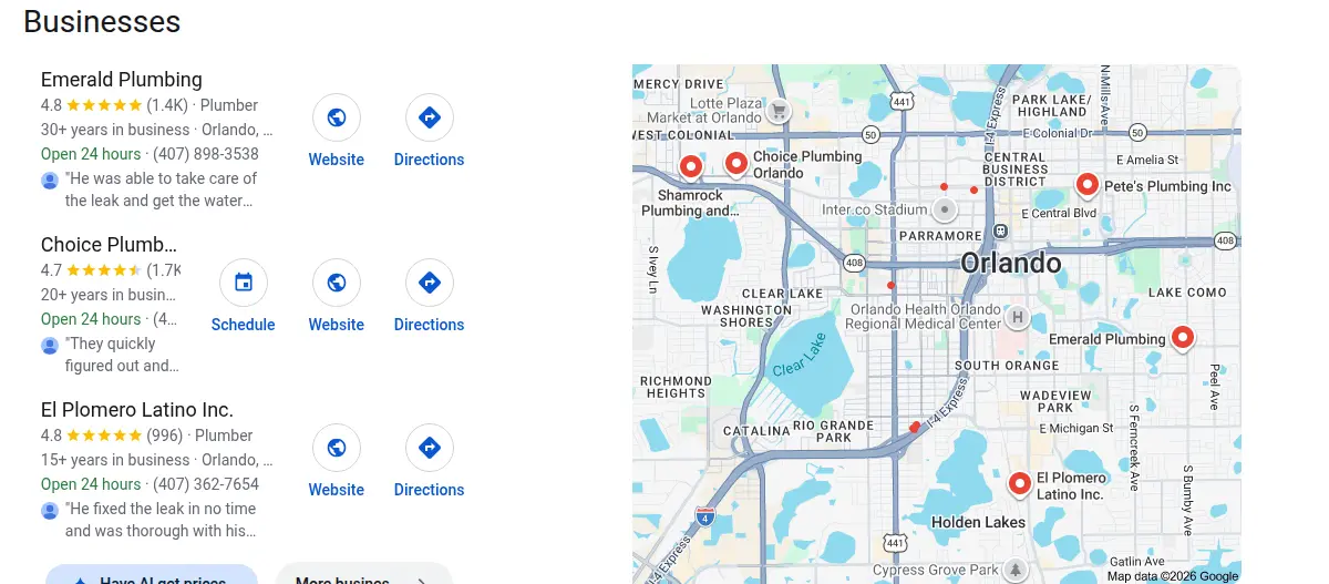 Google map results for plumber orlando fl searched from Orlando, Florida