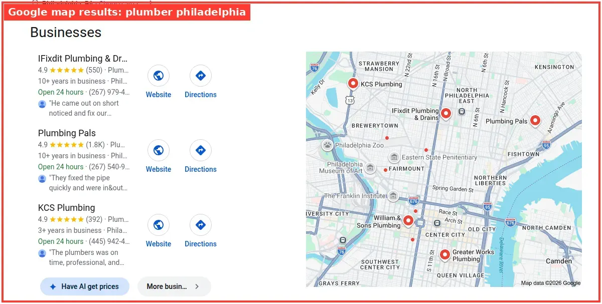 Google map results for plumber philadelphia searched from Philadelphia, Pennsylvania