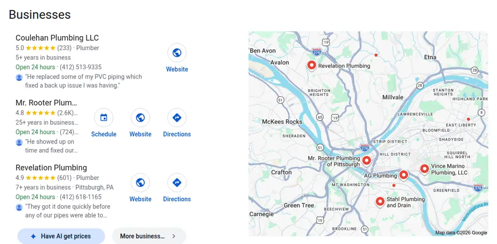 Google map results for plumber pittsburgh searched from Pittsburgh, Pennsylvania