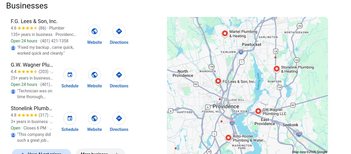 Google map results for plumber providence searched from Providence, Rhode Island