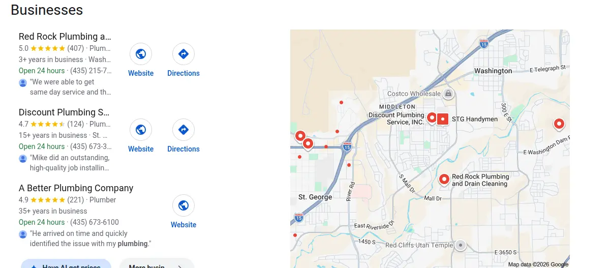 Google map results for plumber st. george searched from St. George, Utah