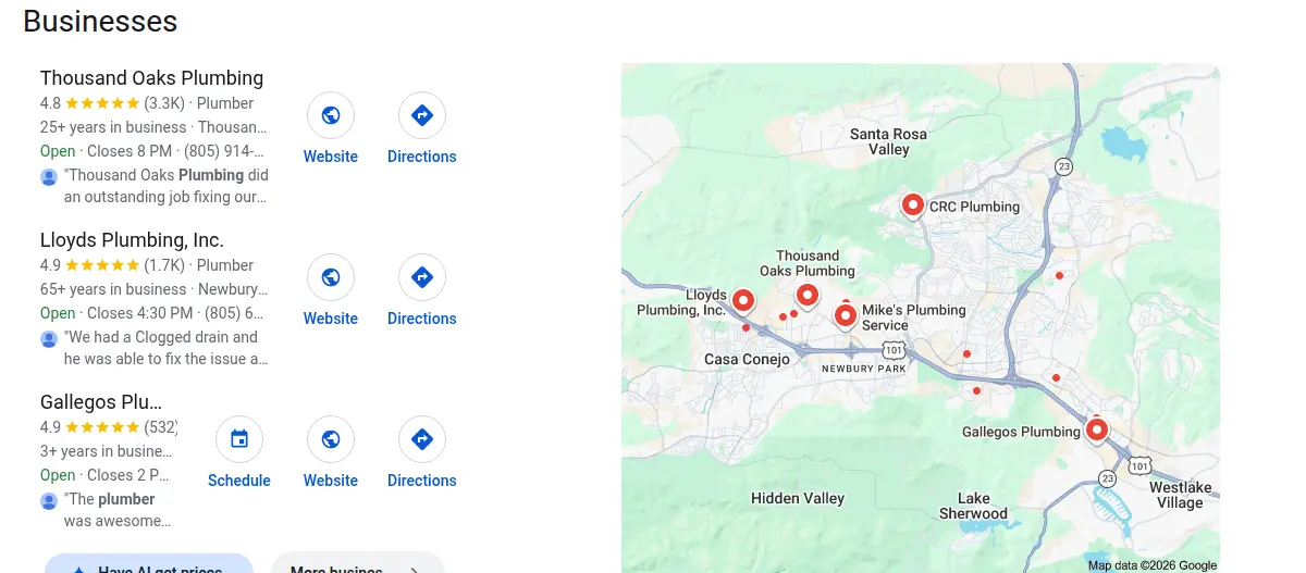 Google map results for plumber thousand oaks ca searched from Thousand Oaks, California