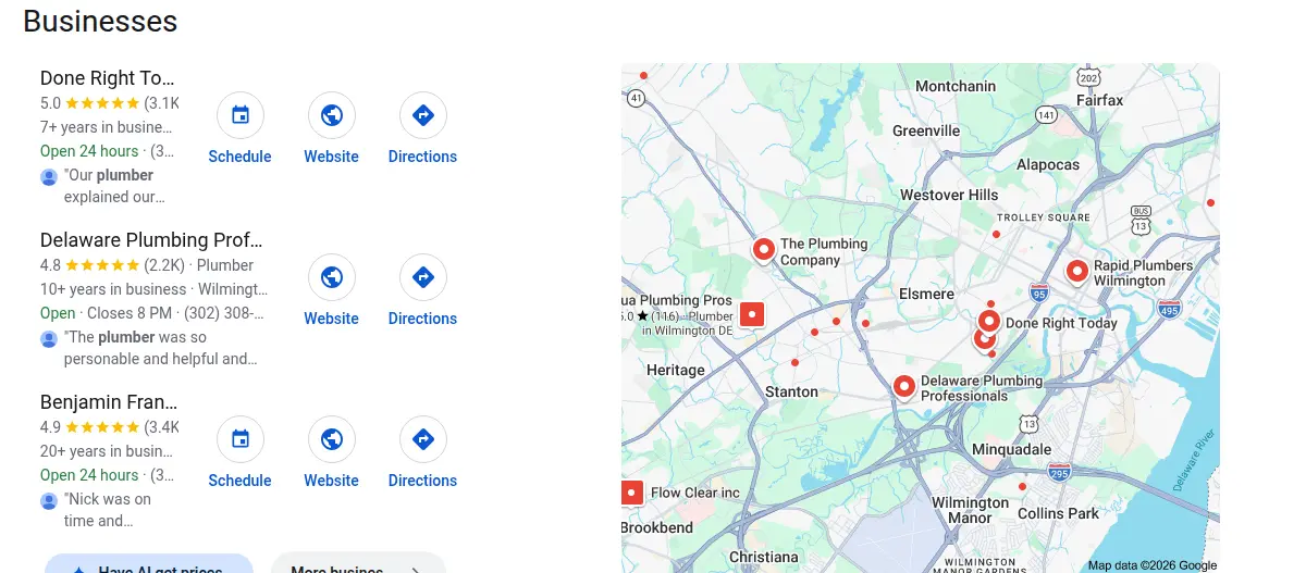 Google map results for plumber wilmington searched from Wilmington, Delaware