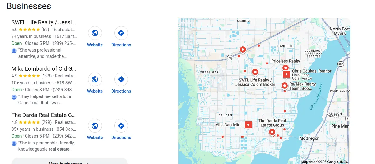Google map results for real estate agent cape coral searched from Cape Coral, Florida