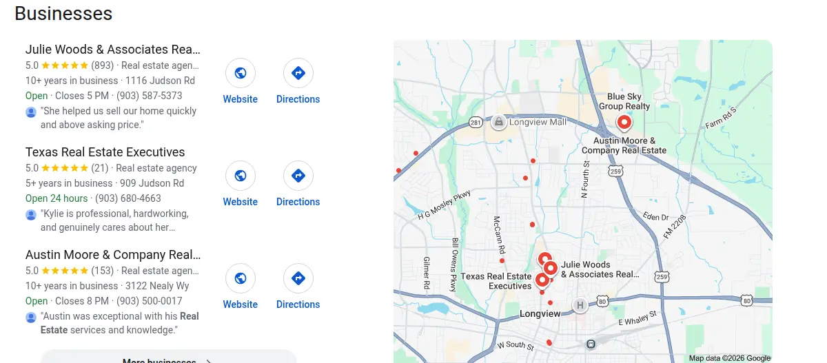 Google map results for real estate agent longview tx searched from Longview, Texas