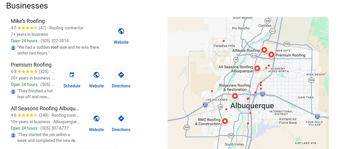 Google map results for roofing albuquerque searched from Albuquerque, New Mexico