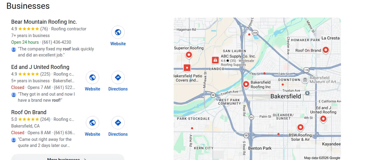 Google map results for roofing bakersfield searched from Bakersfield, California