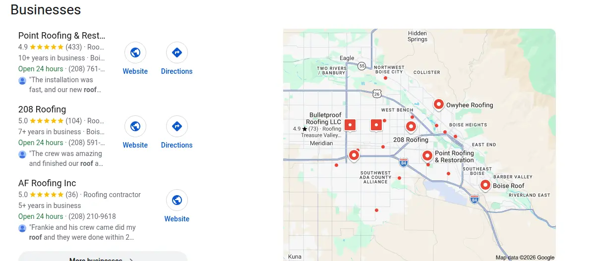 Google map results for roofing boise searched from Boise, Idaho