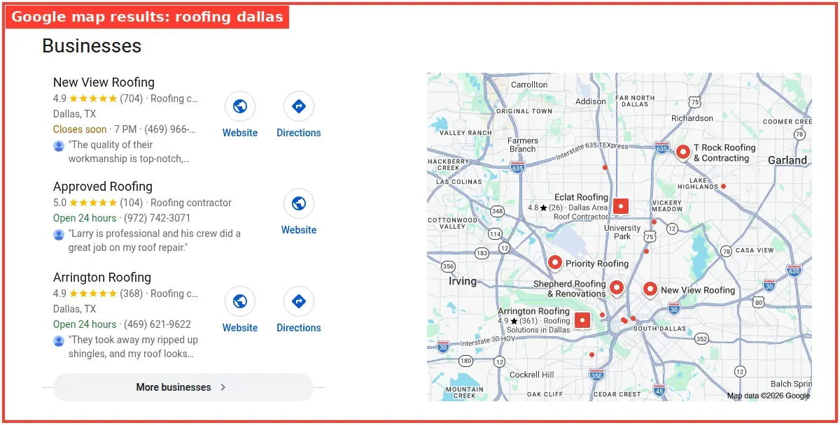 Google map results for roofing dallas searched from Dallas, Texas