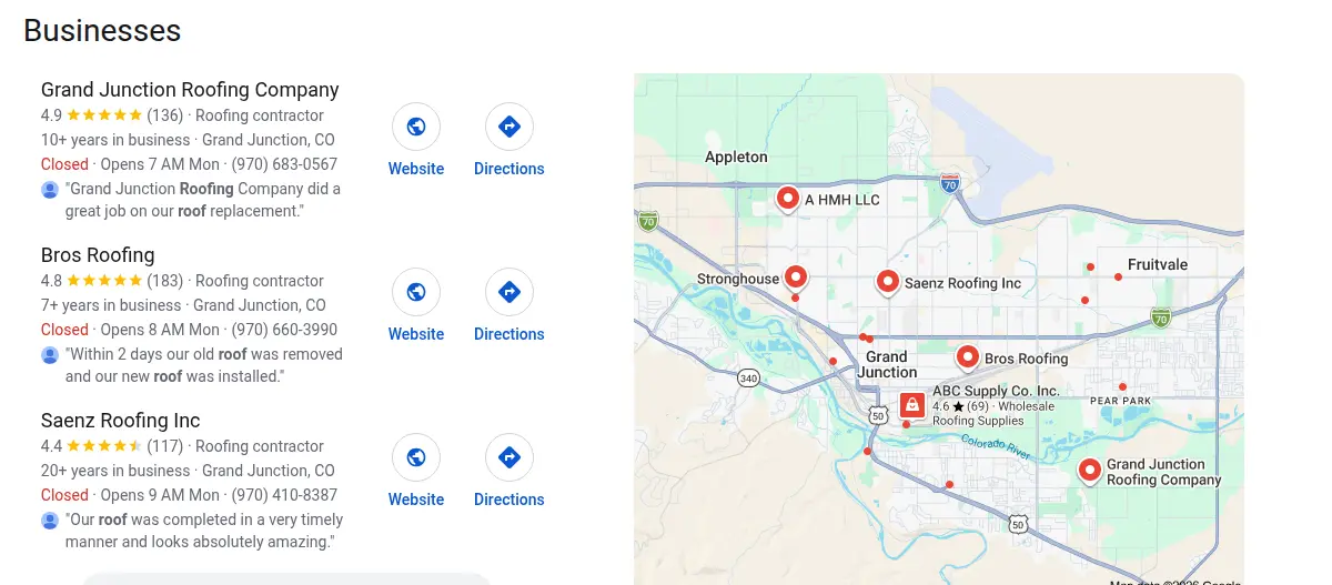 Google map results for roofing grand junction co searched from Grand Junction, Colorado