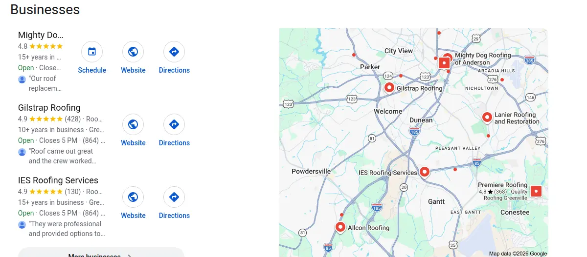 Google map results for roofing greenville searched from Greenville, South Carolina