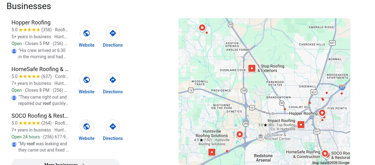 Google map results for roofing huntsville searched from Huntsville, Alabama
