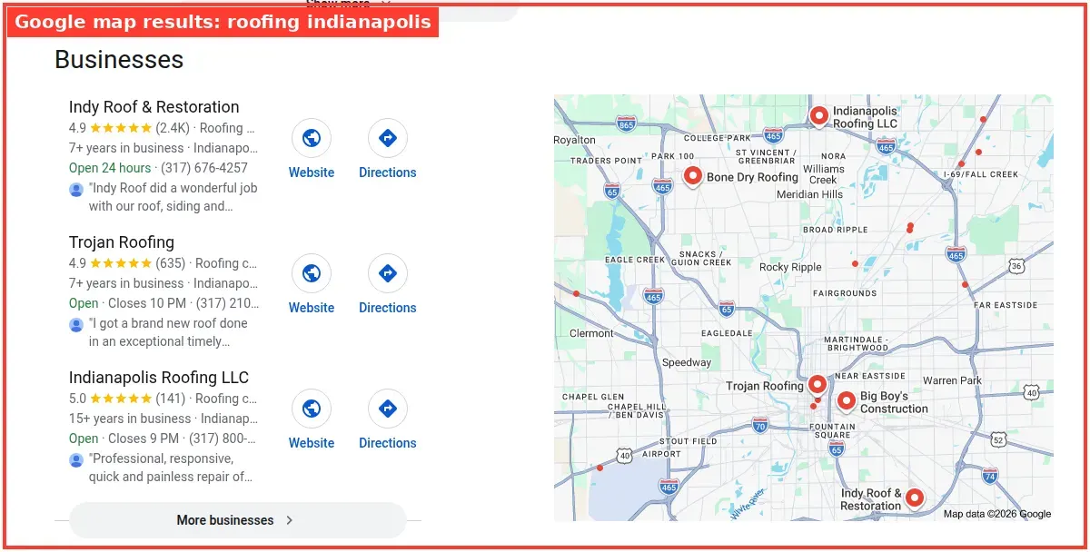 Google map results for roofing indianapolis searched from Indianapolis, Indiana