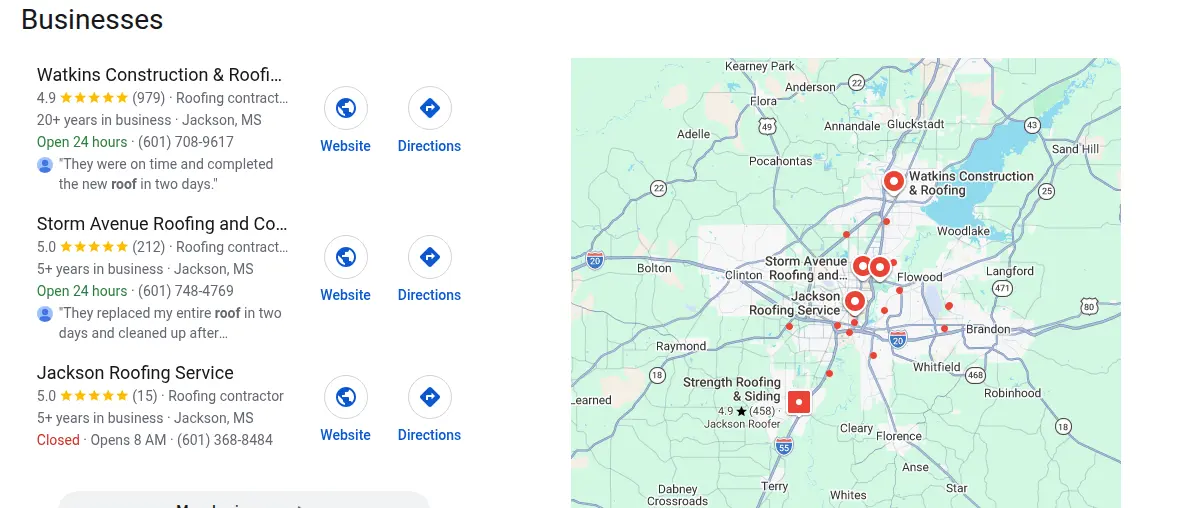 Google map results for roofing jackson searched from Jackson, Mississippi