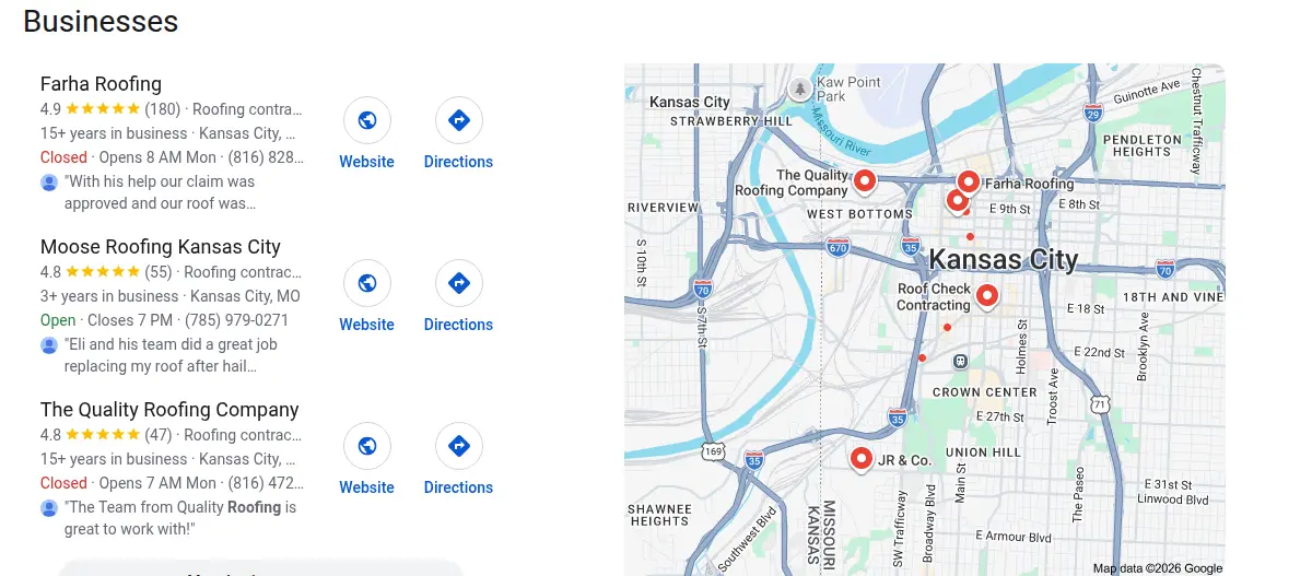 Google map results for roofing kansas city mo searched from Kansas City, Missouri