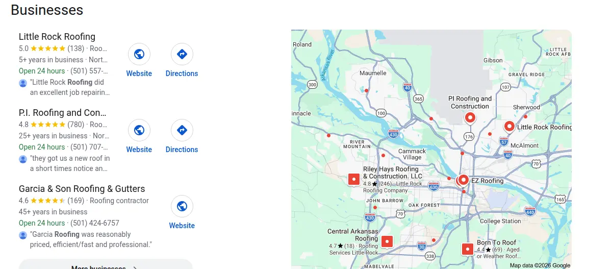 Google map results for roofing little rock searched from Little Rock, Arkansas