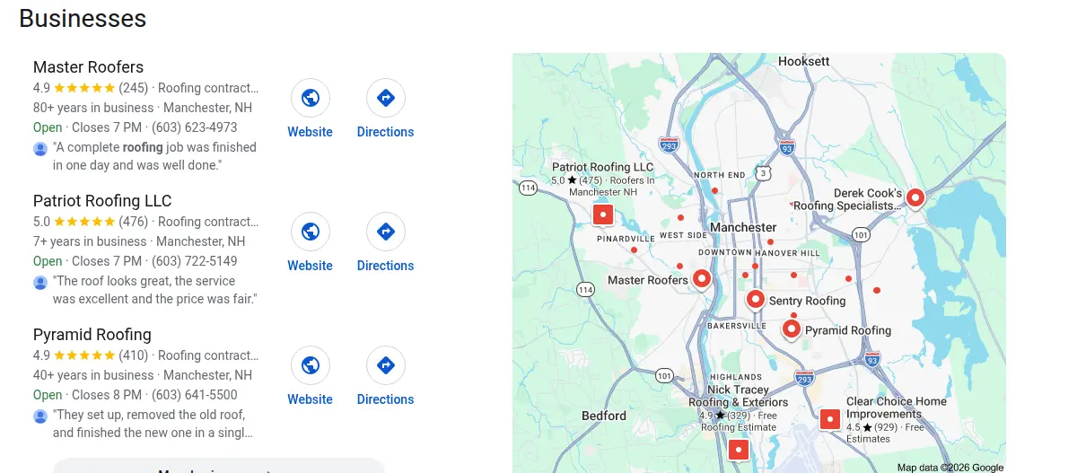 Google map results for roofing manchester searched from Manchester, New Hampshire