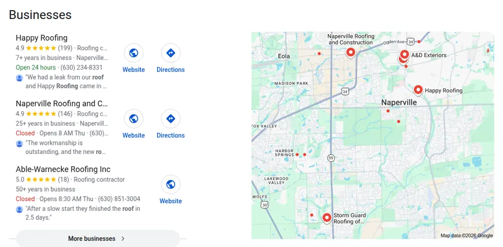 Google map results for roofing naperville searched from Naperville, Illinois
