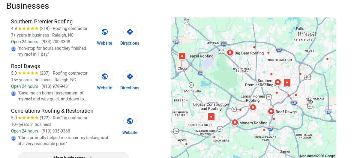 Google map results for roofing raleigh searched from Raleigh, North Carolina