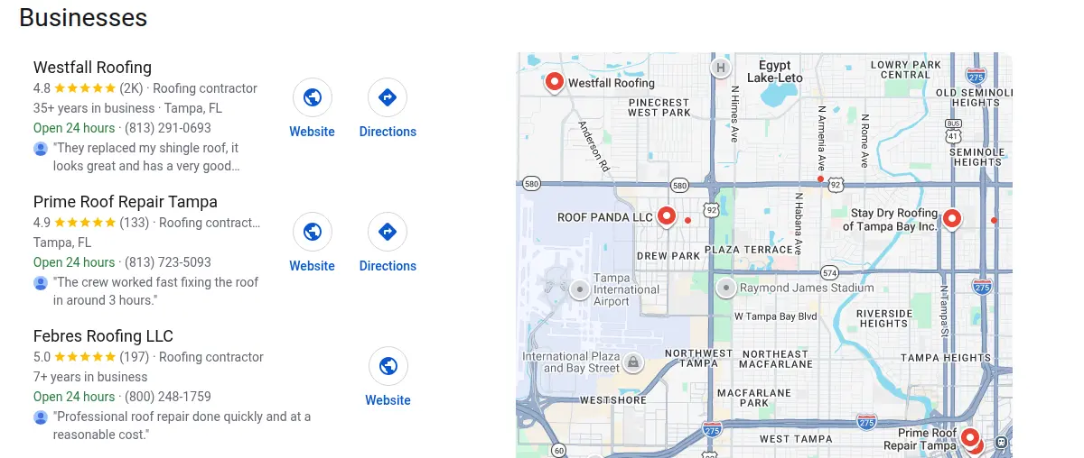Google map results for roofing tampa searched from Tampa, Florida