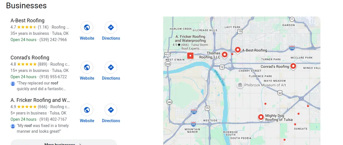 Google map results for roofing tulsa searched from Tulsa, Oklahoma