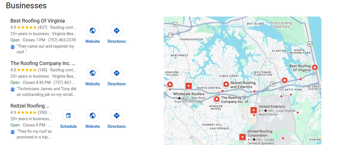 Google map results for roofing virginia beach searched from Virginia Beach, Virginia