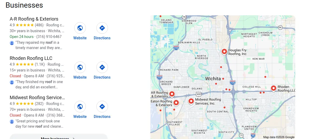 Google map results for roofing wichita searched from Wichita, Kansas
