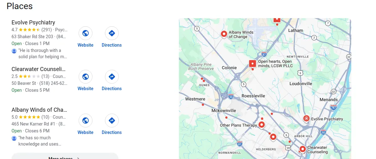 Google map results for therapist albany ny searched from Albany, New York