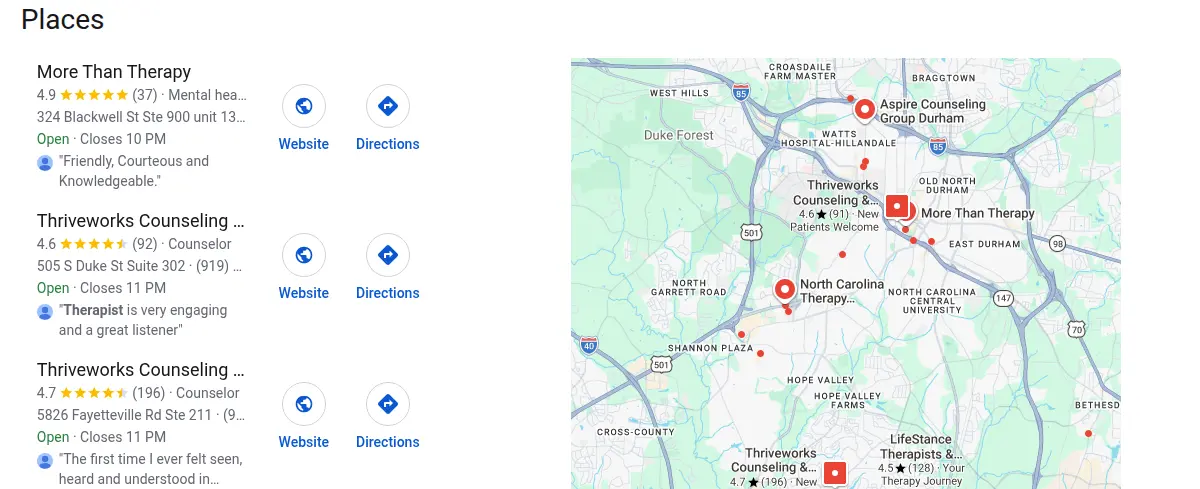 Google map results for therapist durham nc searched from Durham, North Carolina