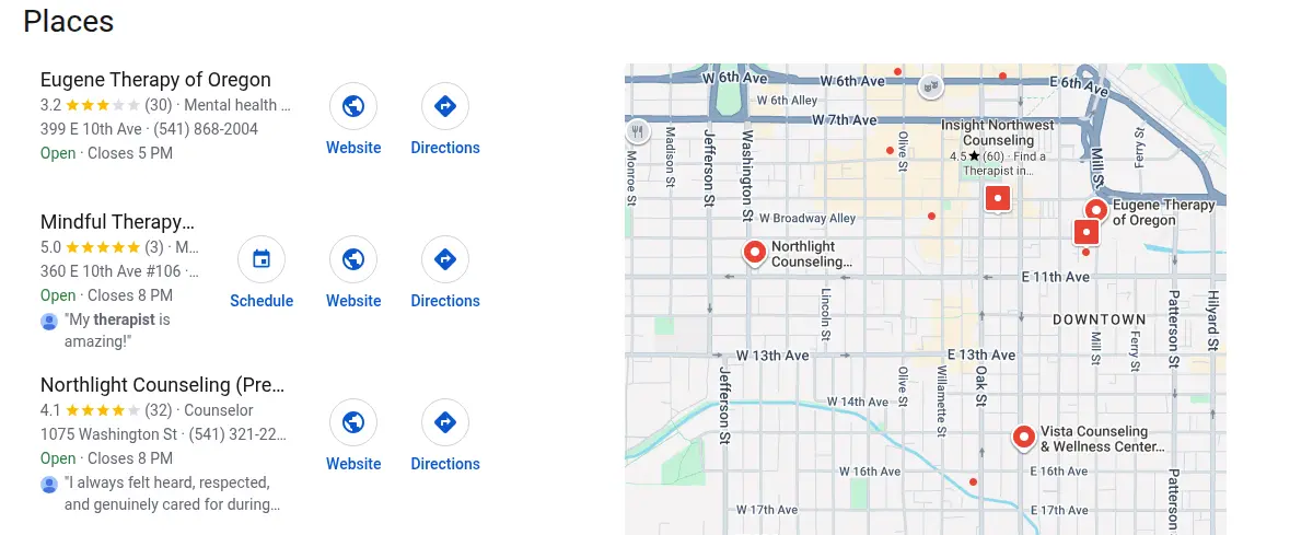 Google map results for therapist eugene oregon searched from Eugene, Oregon