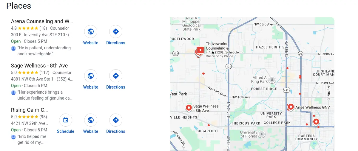 Google map results for therapist gainesville searched from Gainesville, Florida