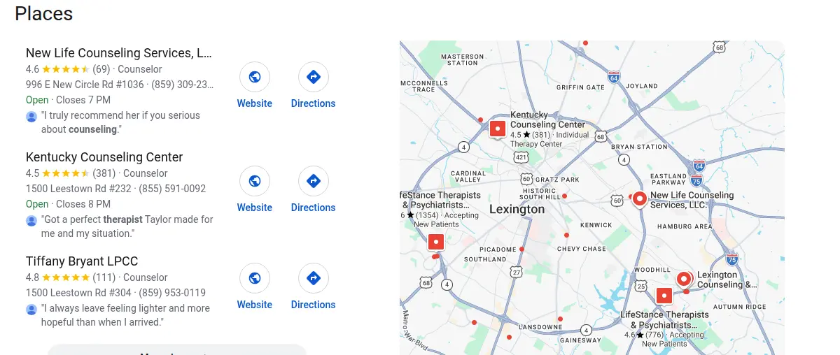 Google map results for therapist lexington ky searched from Lexington, Kentucky