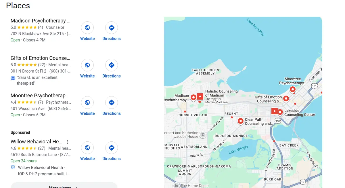 Google map results for therapist madison wi searched from Madison, Wisconsin