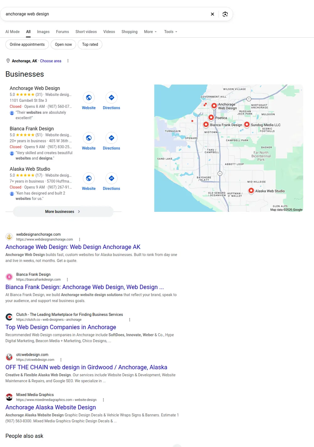 Top Google results for anchorage web design, searched from Anchorage, Alaska
