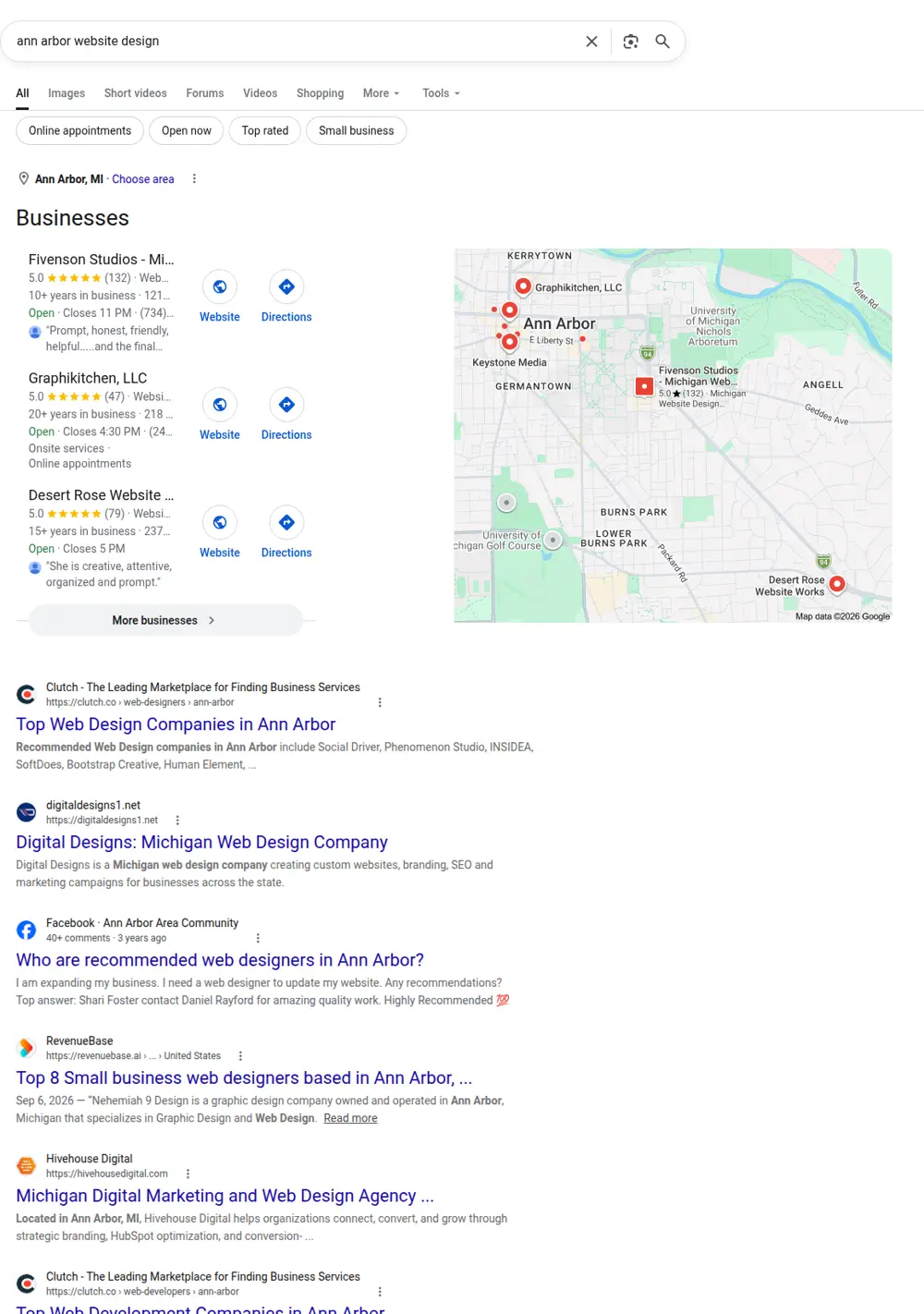 Top Google results for ann arbor website design, searched from Ann Arbor, Michigan