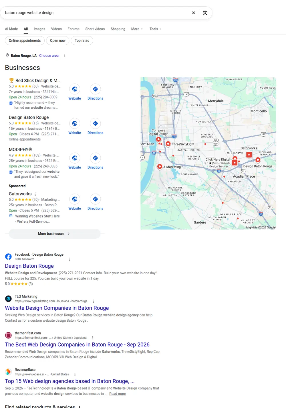 Top Google results for baton rouge website design, searched from Baton Rouge, Louisiana