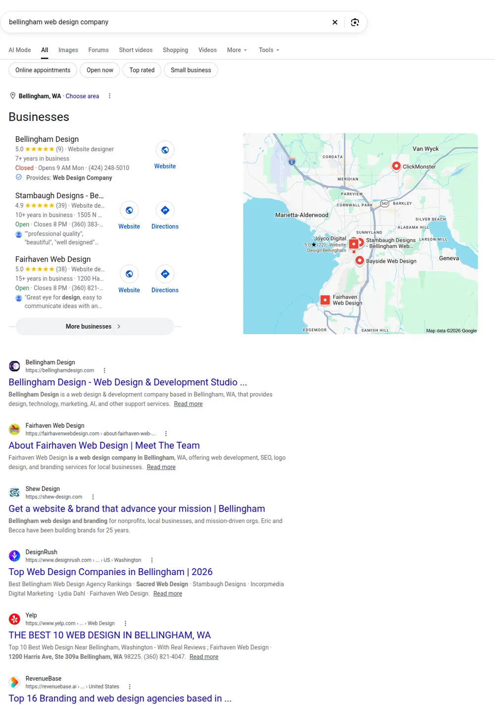 Top Google results for bellingham web design company, searched from Bellingham, Washington