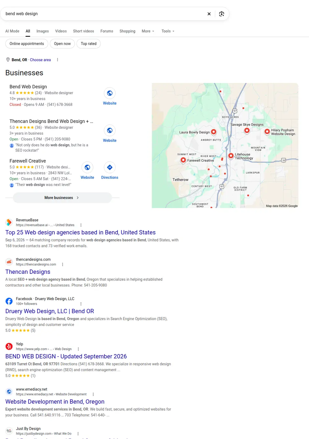 Top Google results for bend web design, searched from Bend, Oregon