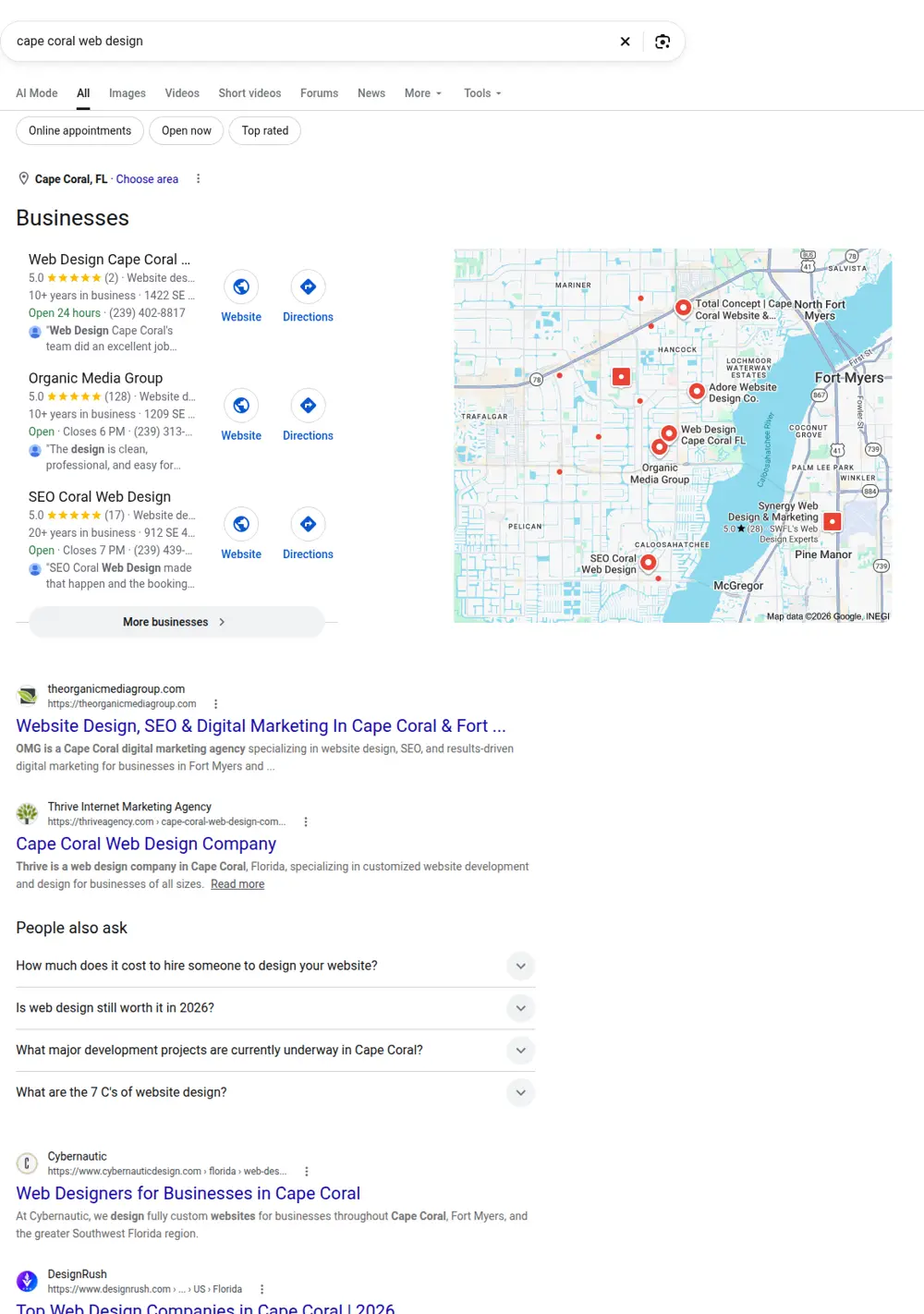 Top Google results for cape coral web design, searched from Cape Coral, Florida