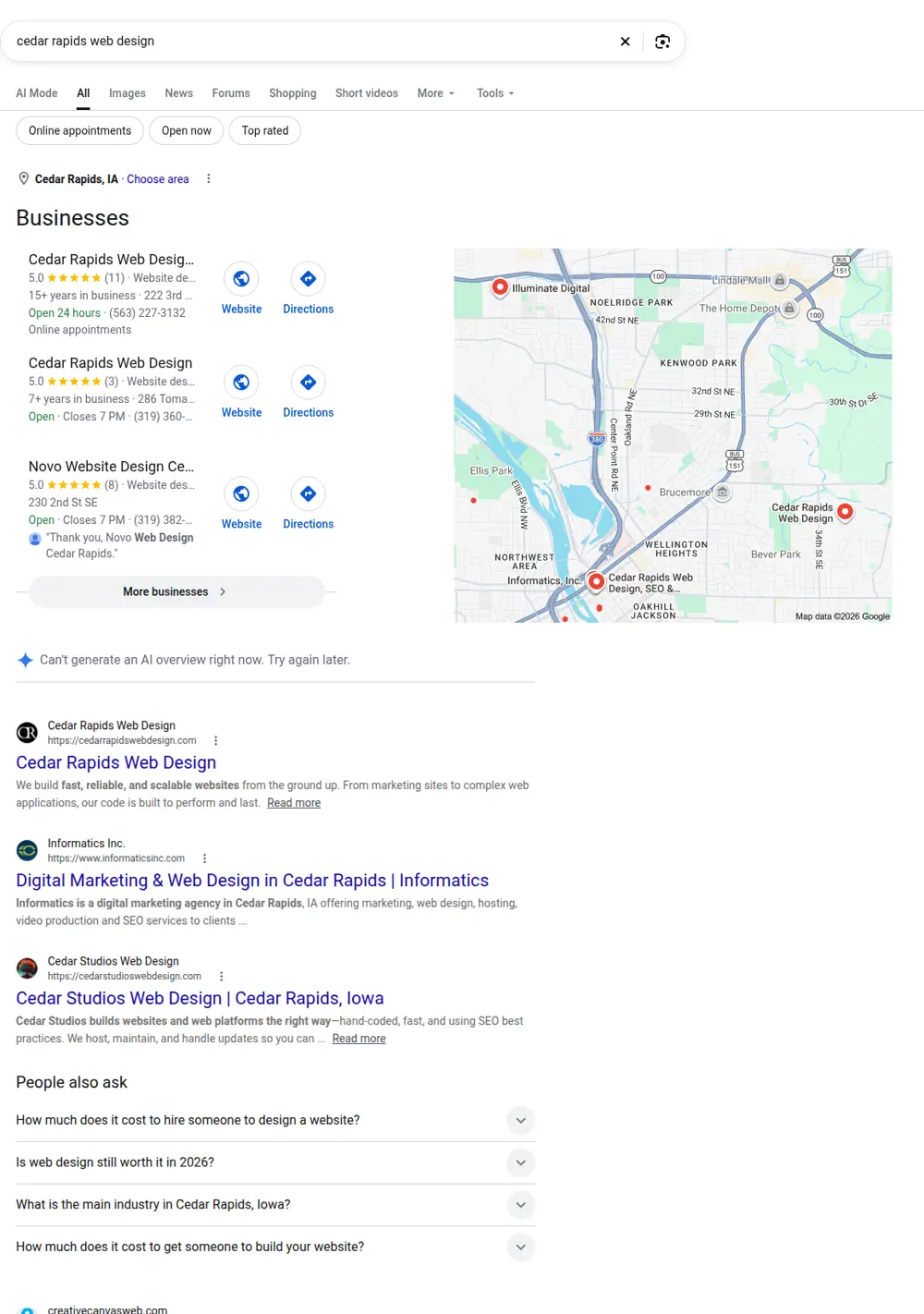 Top Google results for cedar rapids web design, searched from Cedar Rapids, Iowa