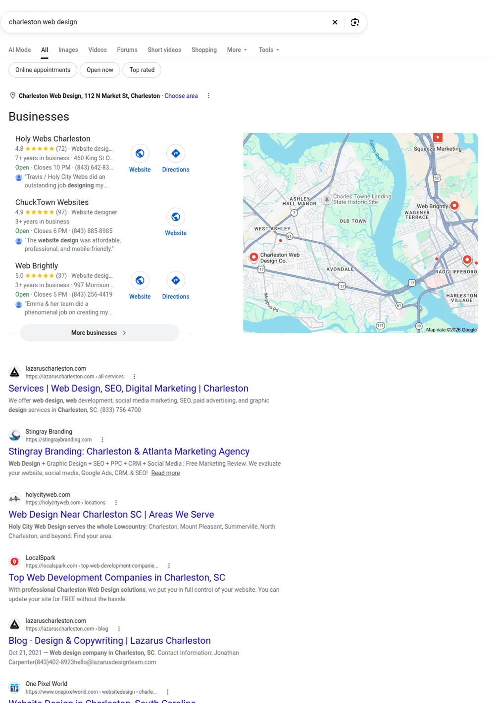 Top Google results for charleston web design, searched from Charleston, South Carolina